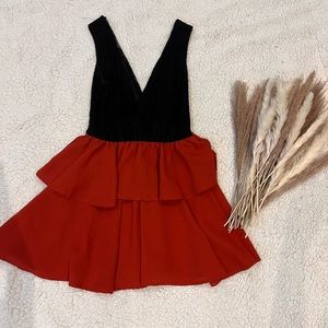 Deep V Neck Dress Red-Orange and Black